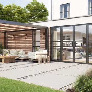A rendering of a modern outdoor living area featuring the SD70 Heritage steel look doors.