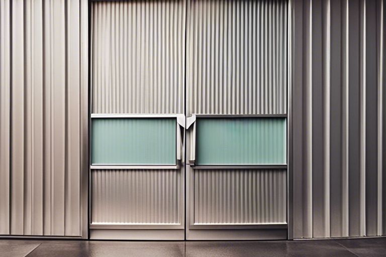 A metal door with glass panels in front of a building.