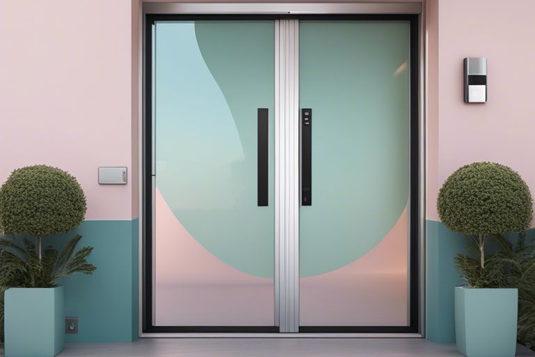 A modern front door with a pink and blue color scheme.