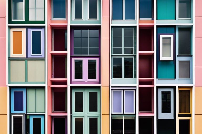A colorful building with many different colored windows.