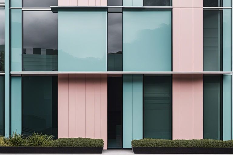 The exterior of a building with pink and blue windows.