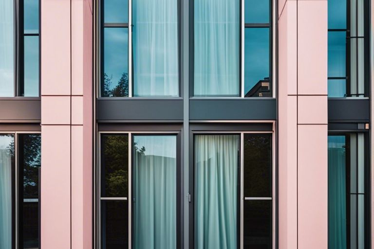 A pink building with windows and curtains.
