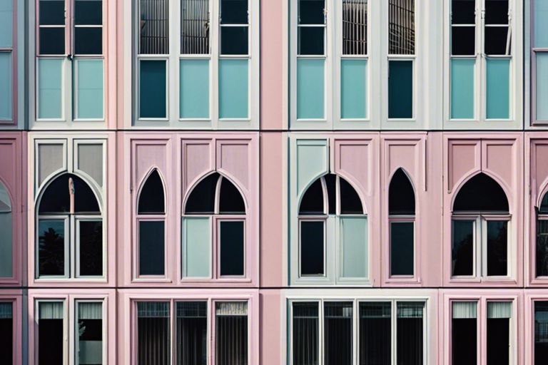 A pink and white building with many windows.