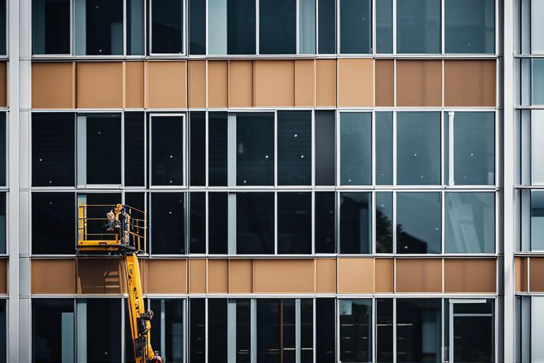 A construction worker is working on a building with large windows.