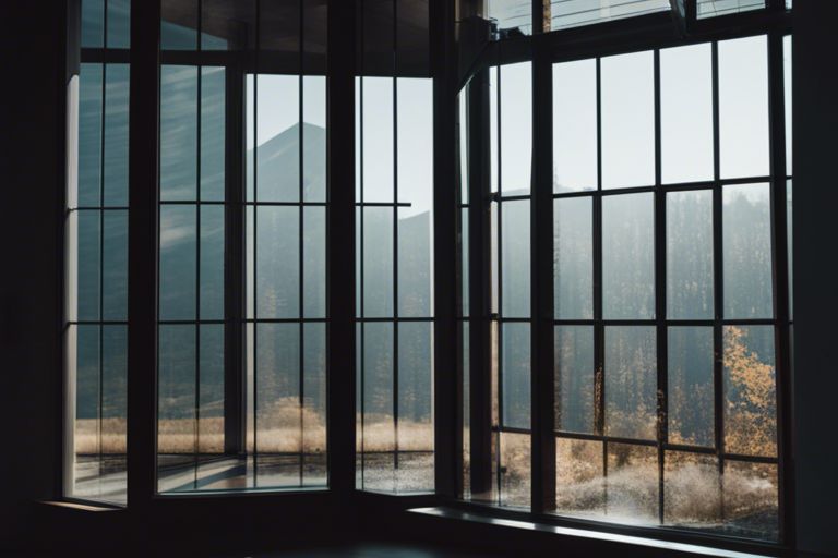 A room with large windows and a view of mountains.