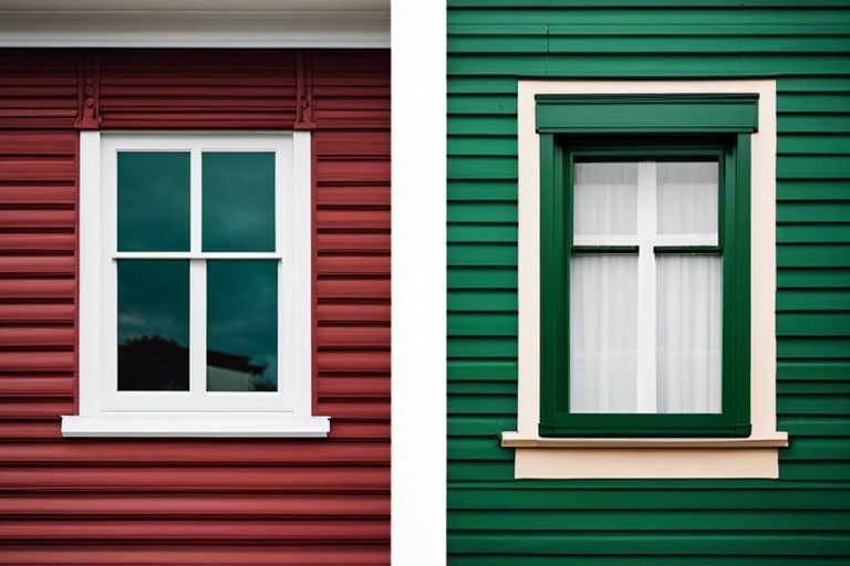 A red and green house with a white window.