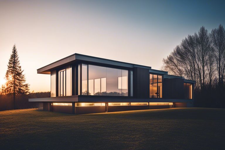 Modern house on a grassy field at dusk.