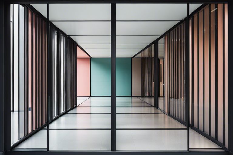 A hallway with colorful walls and black bars.