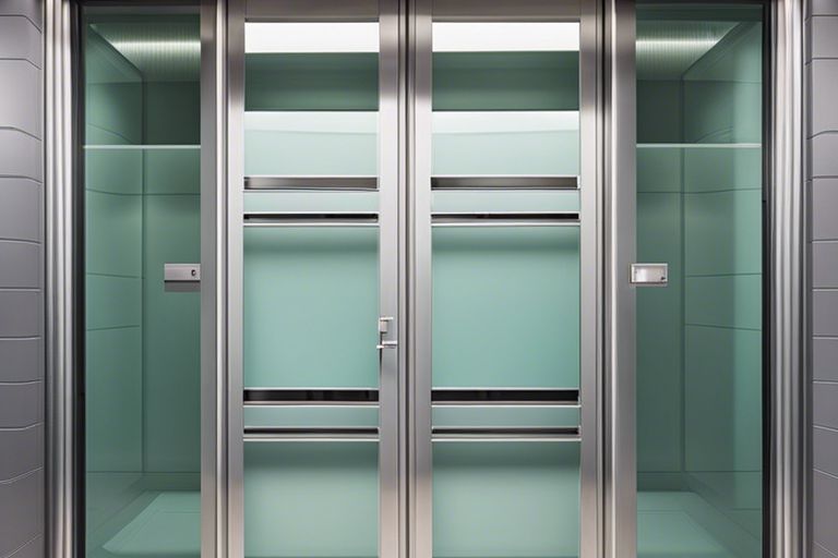 An elevator with glass doors in a building.