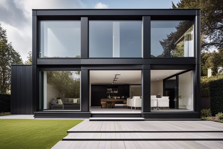 A modern house with black windows and a wooden deck.