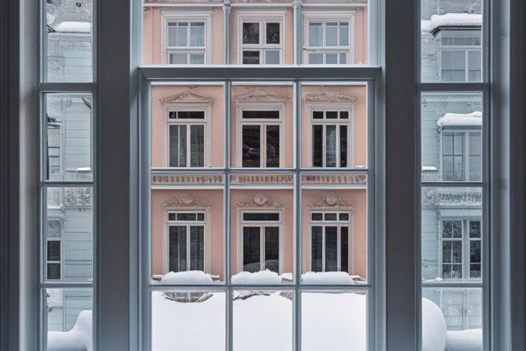 A window with a view of a snow covered building.