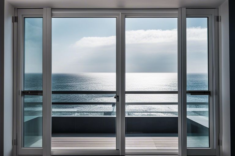 An open glass door with a view of the ocean.