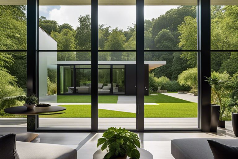 A modern living room with large windows overlooking a green lawn.