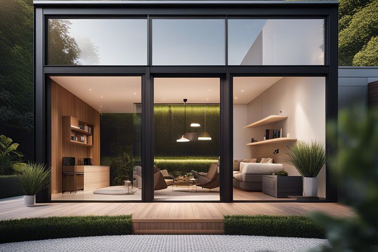 3d rendering of a modern home with glass doors.