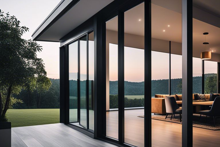 A living room with sliding glass doors and a view of the countryside.