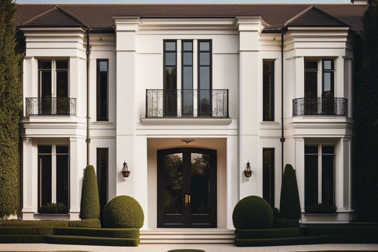 A white mansion with black shutters and a black door.