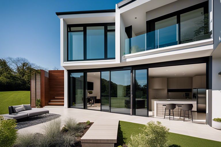 A modern house with glass sliding doors and patio.