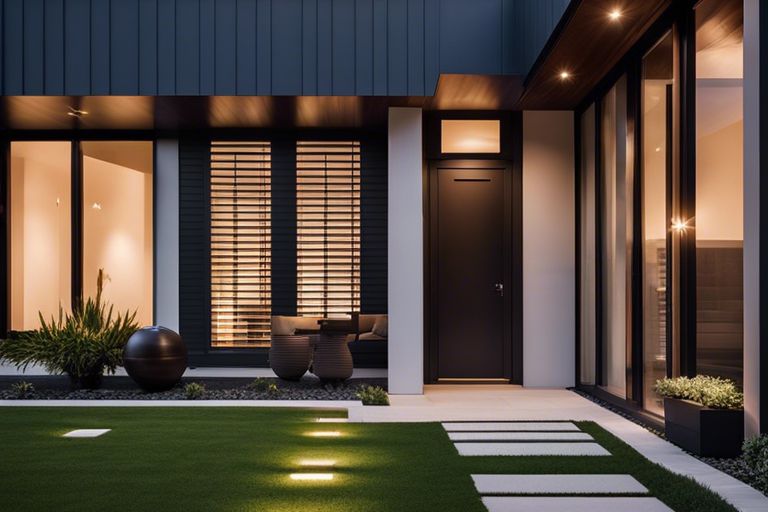 The front of a modern home with artificial grass and lighting.