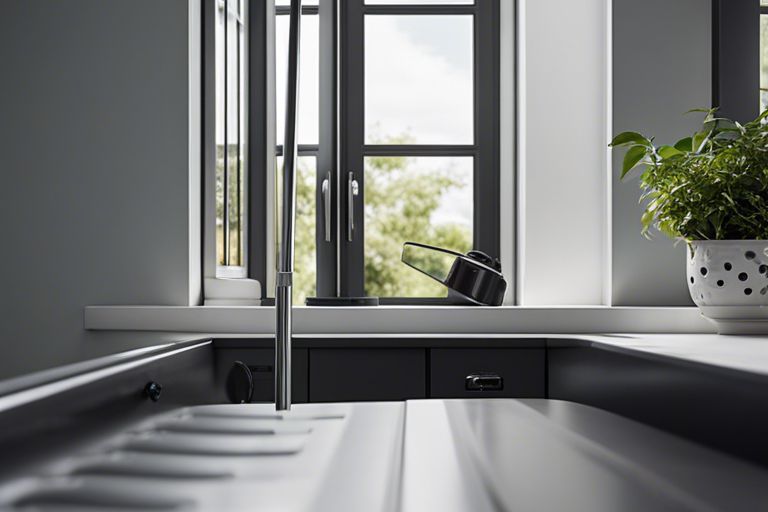A black and white kitchen with a plant in the window.