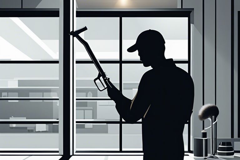 A silhouette of a man holding a gun in front of a window.
