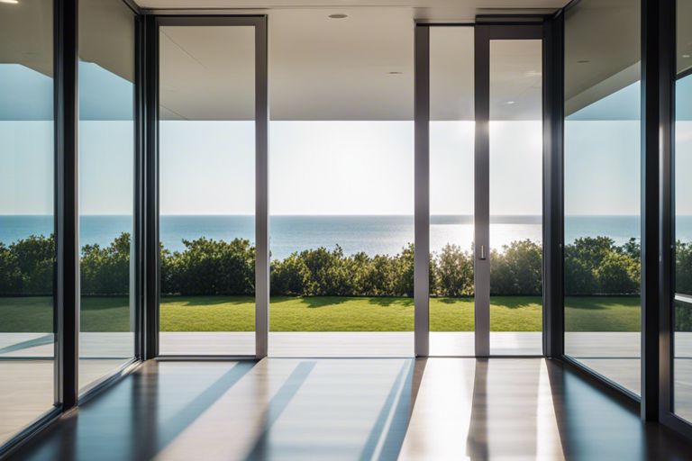 A room with glass doors overlooking the ocean.