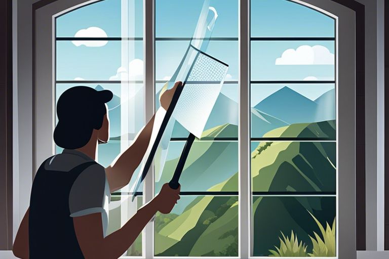 A woman cleaning a window in front of a mountain.