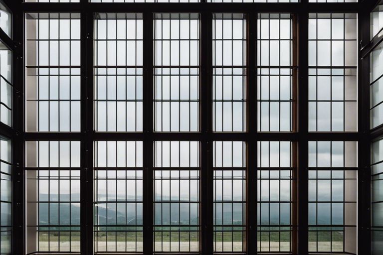 A large glass window in a building with a view of mountains.