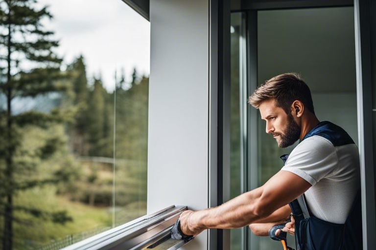 A man with a beard working on a window sill.