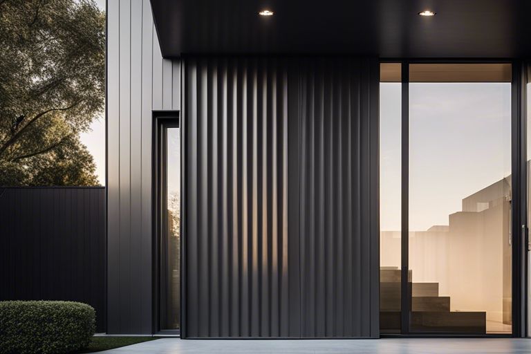 A modern house with black siding and glass doors.