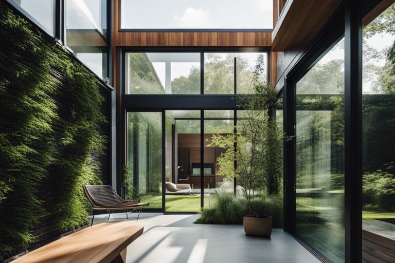 A modern house with green walls and a bench.
