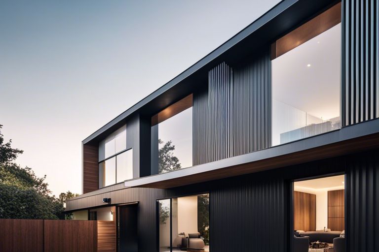 The exterior of a modern house with black siding.