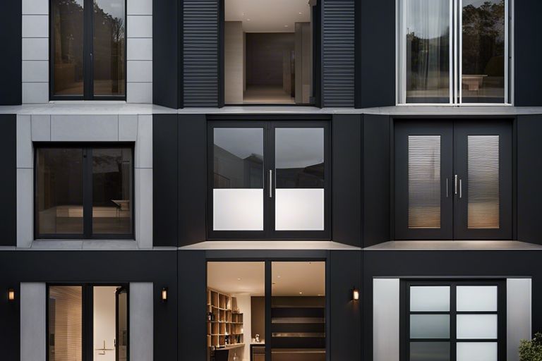 A modern apartment building with black windows and doors.