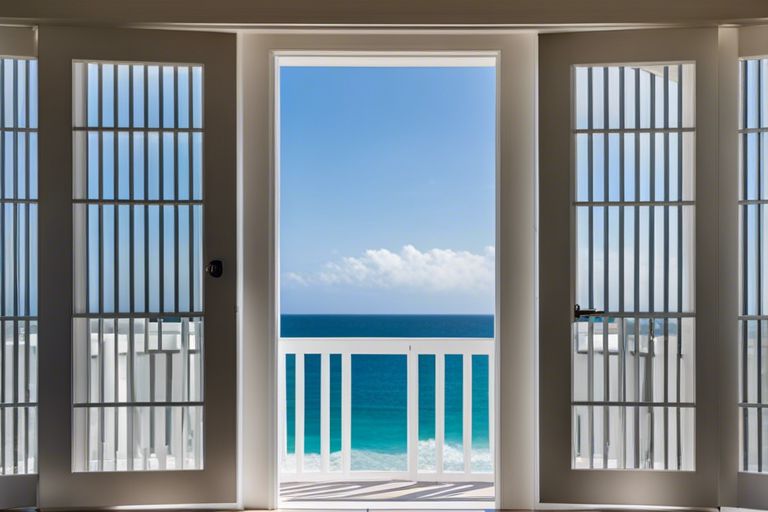 A view of the ocean from an open door.