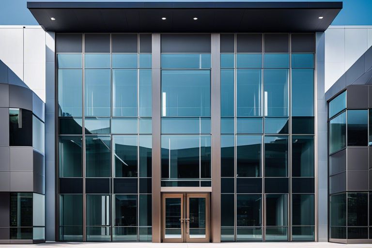 An office building with glass windows and doors.