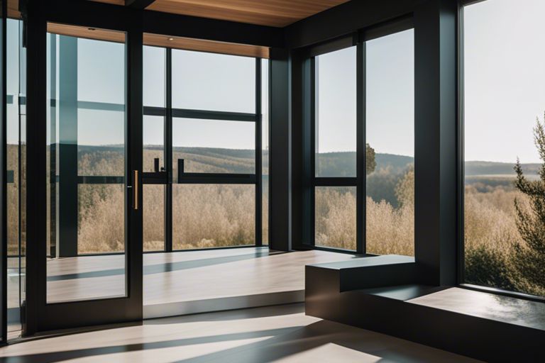 A living room with large windows overlooking a forest.