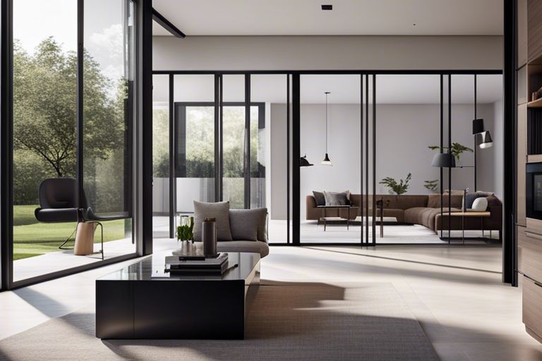 A modern living room with large glass doors.