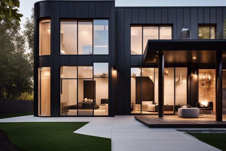 A modern black house with a glass patio at dusk.