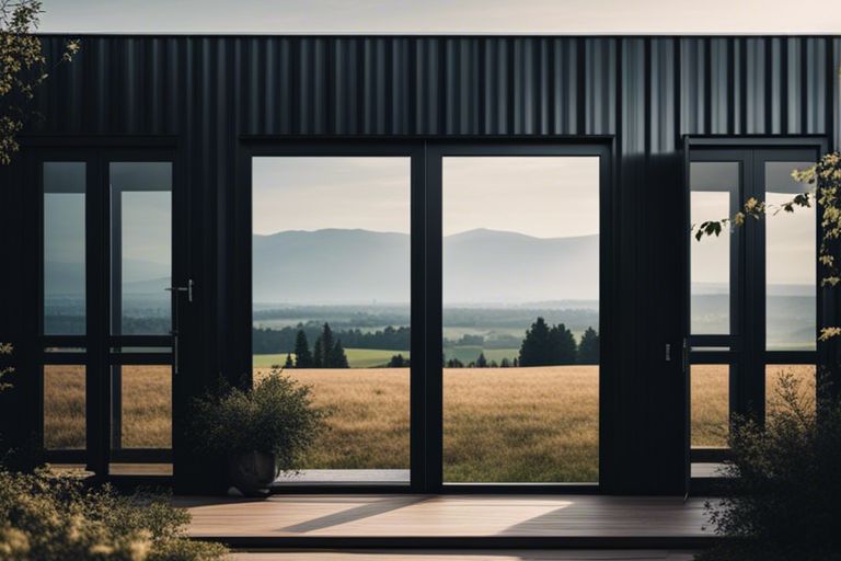 A black house with glass doors and a view of a field.