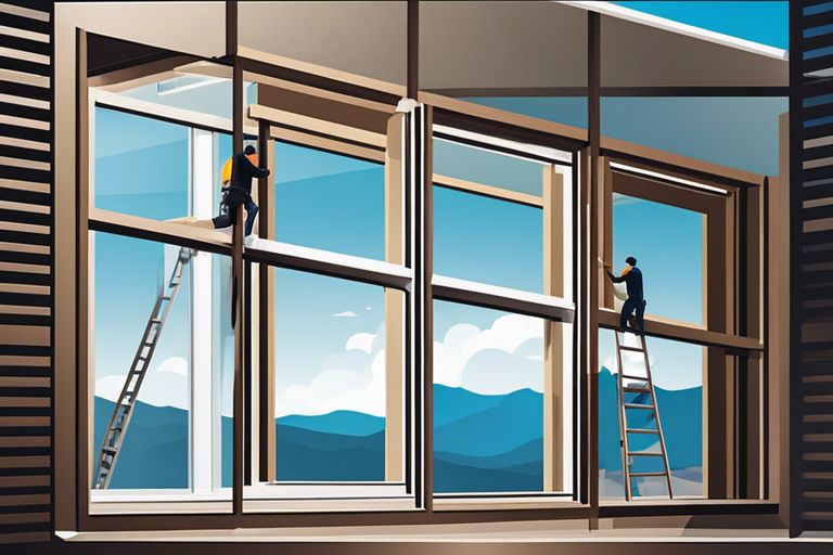 Two men are working on a window in the mountains.