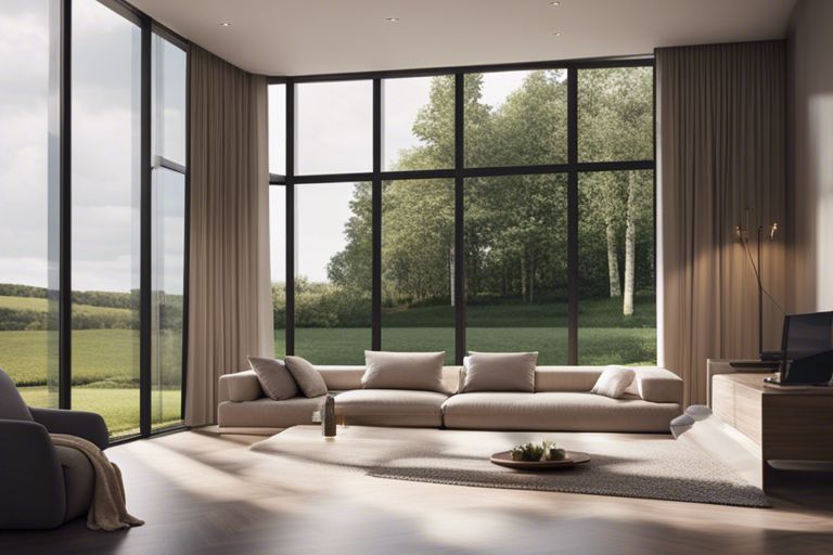 A living room with large windows overlooking a field.