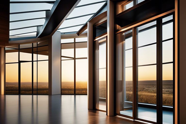 A room with large windows overlooking a sunset.